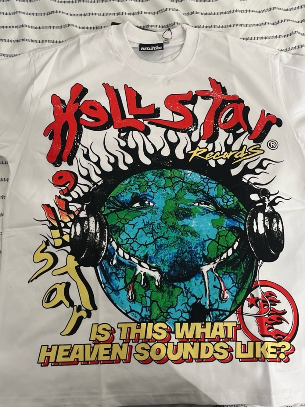 Hellstar Records White Graphic Tee with Globe Print